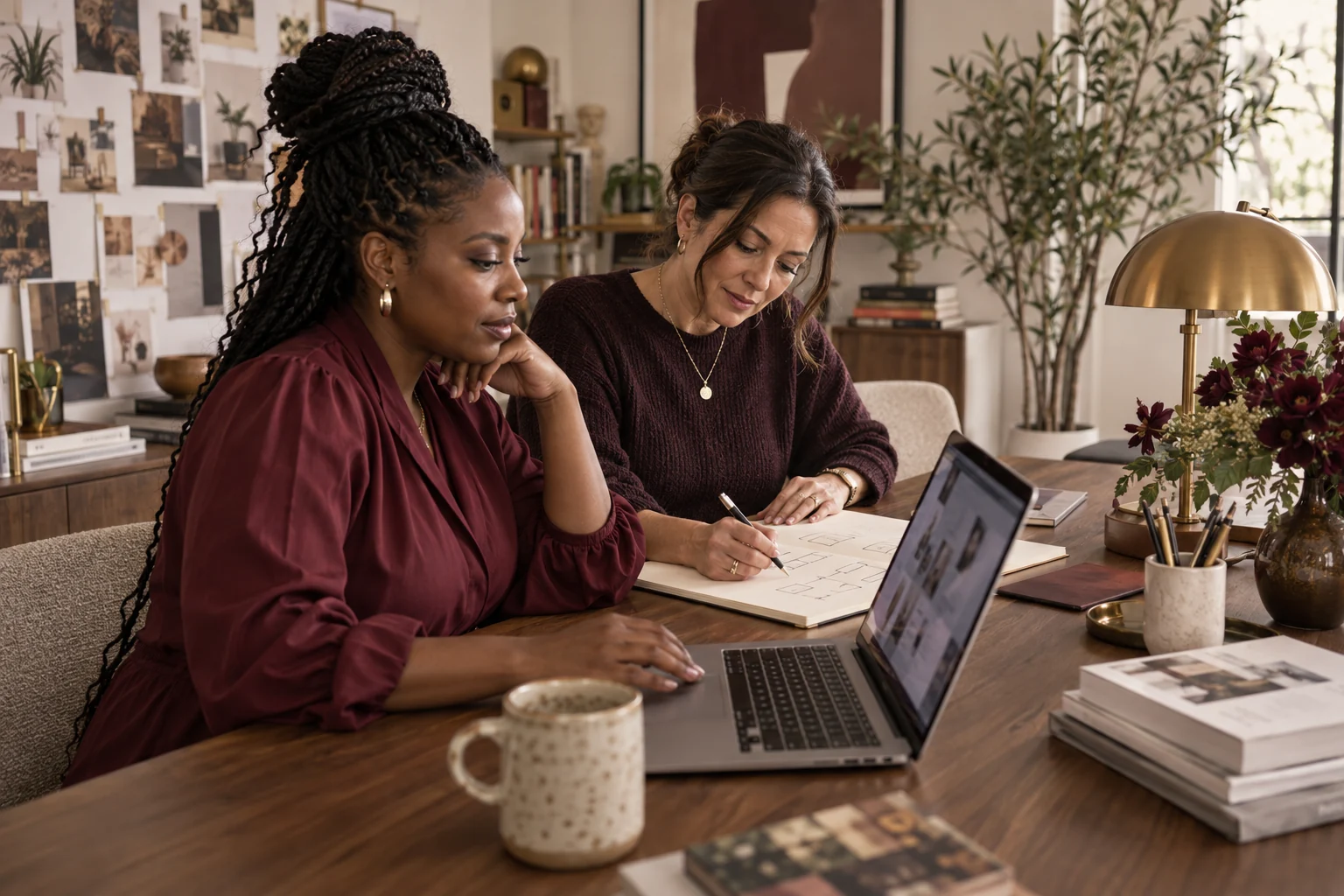 Two women planning a digital project together with a laptop and notebook