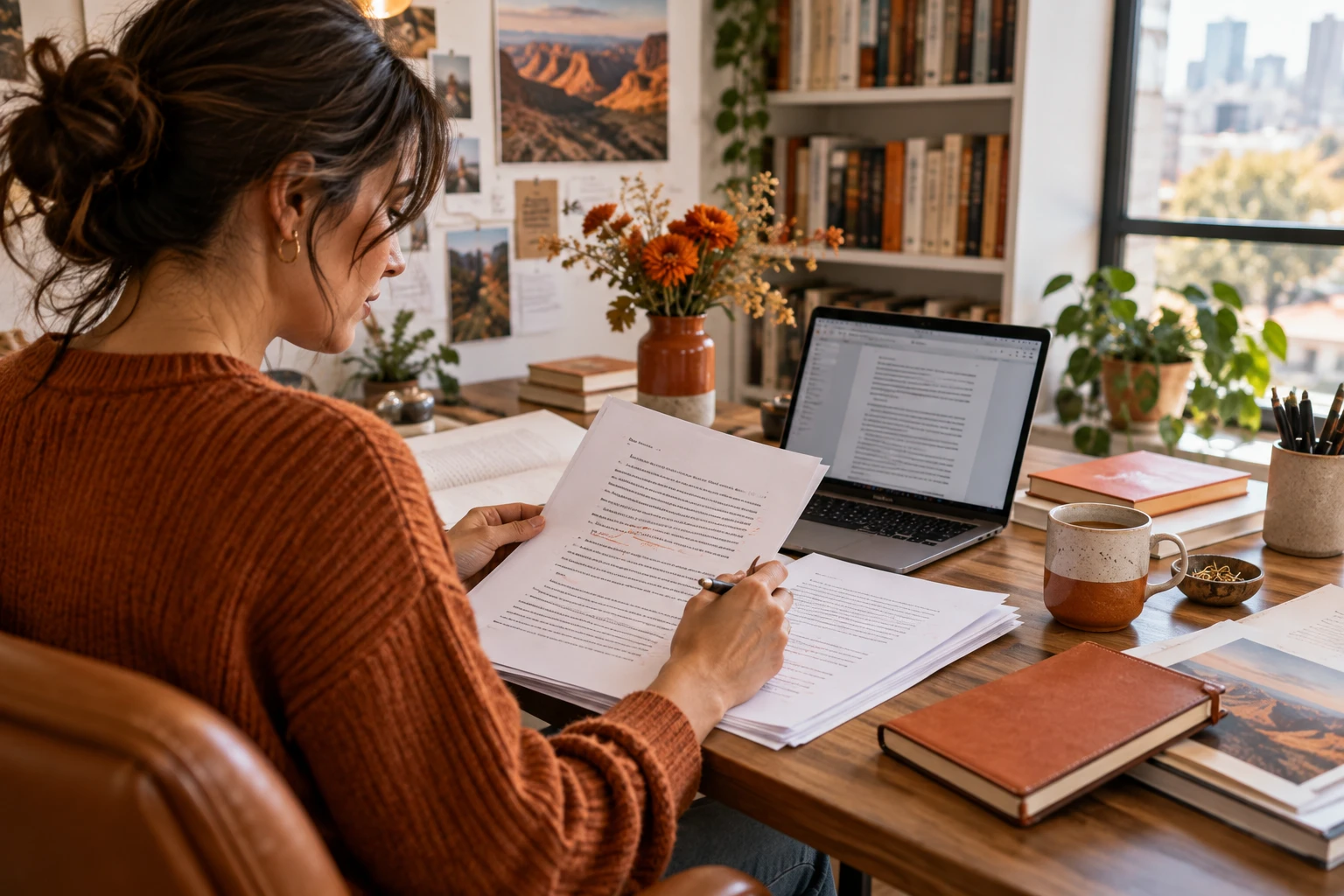An author reviewing and editing her manuscript at his desk