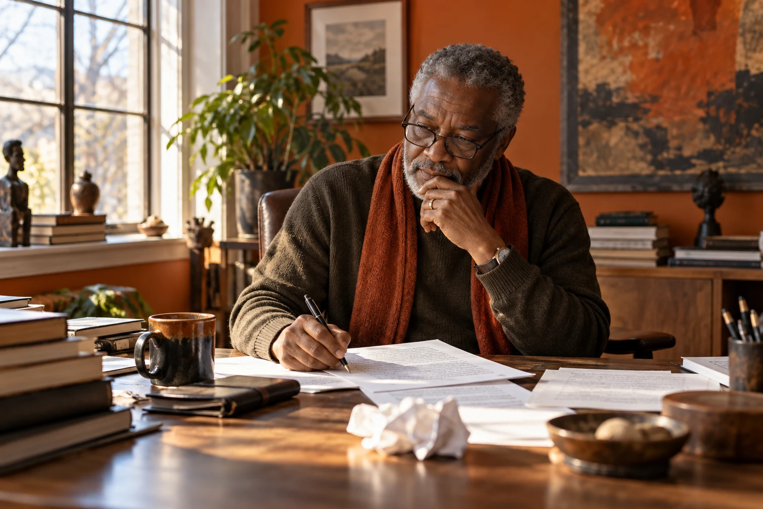 An author reviewing and editing his manuscript at his desk