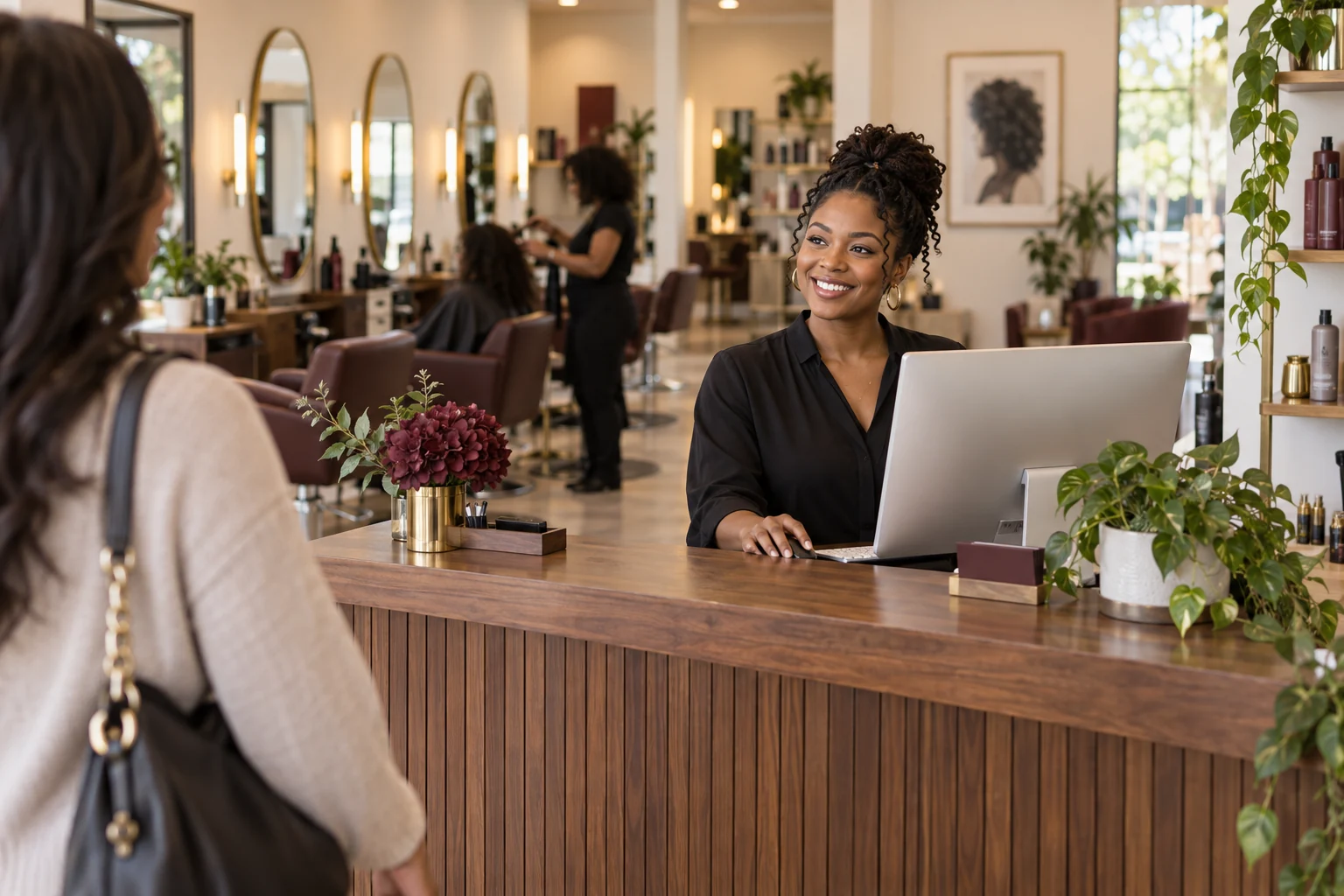 A salon receptionist welcoming a guest