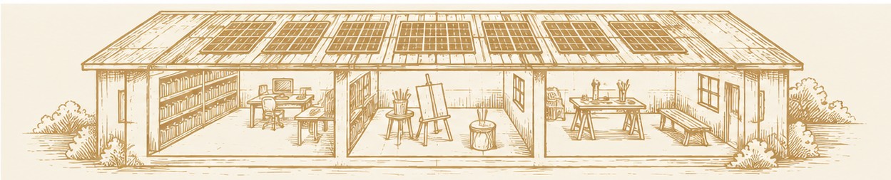 Concept illustration of the learning centre: library, creative space and workshop under one roof